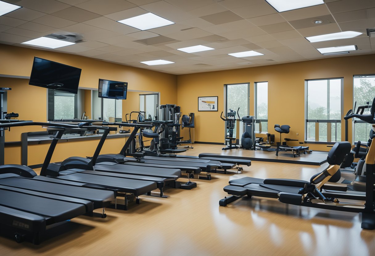 A rehabilitation center with exercise equipment, therapy tables, and supportive resources for injury recovery