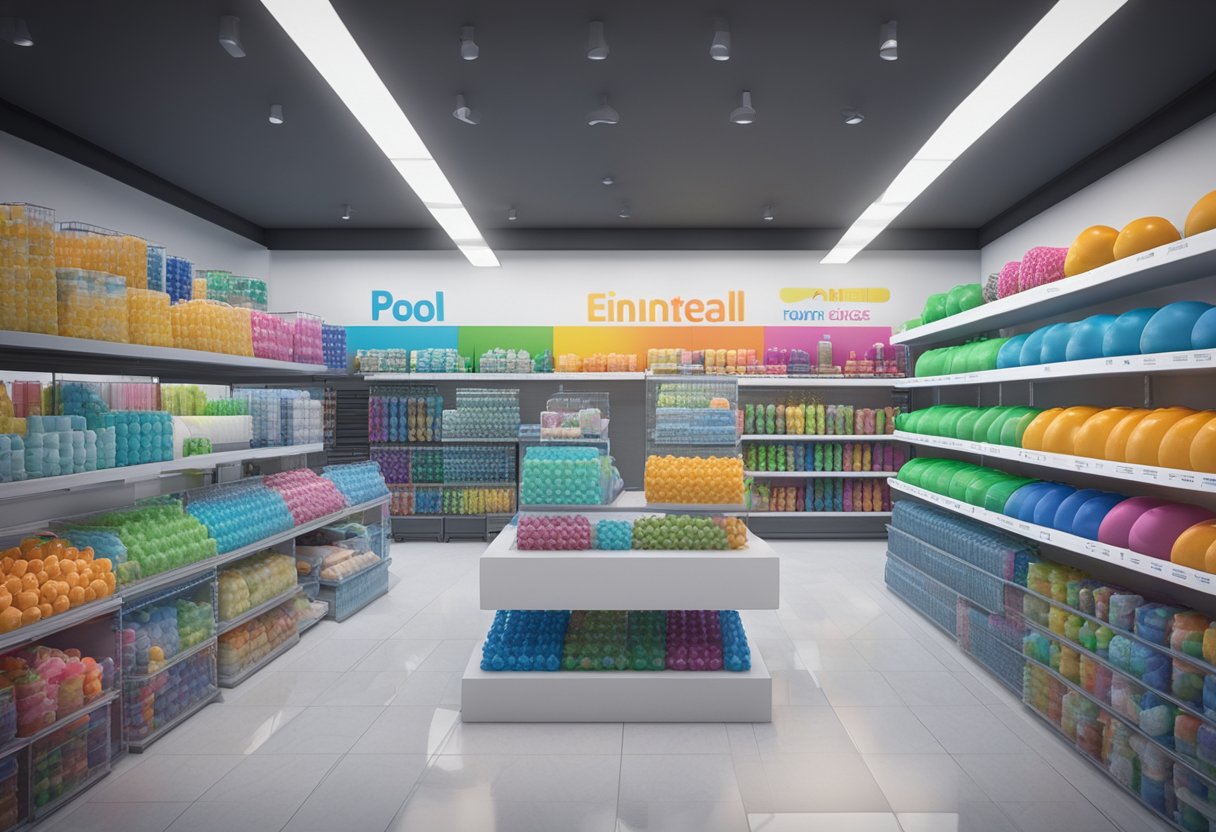 A pool store with bright displays of pool equipment, colorful floats, and a variety of chemicals lining the shelves. A large sign advertises the latest pool maintenance services