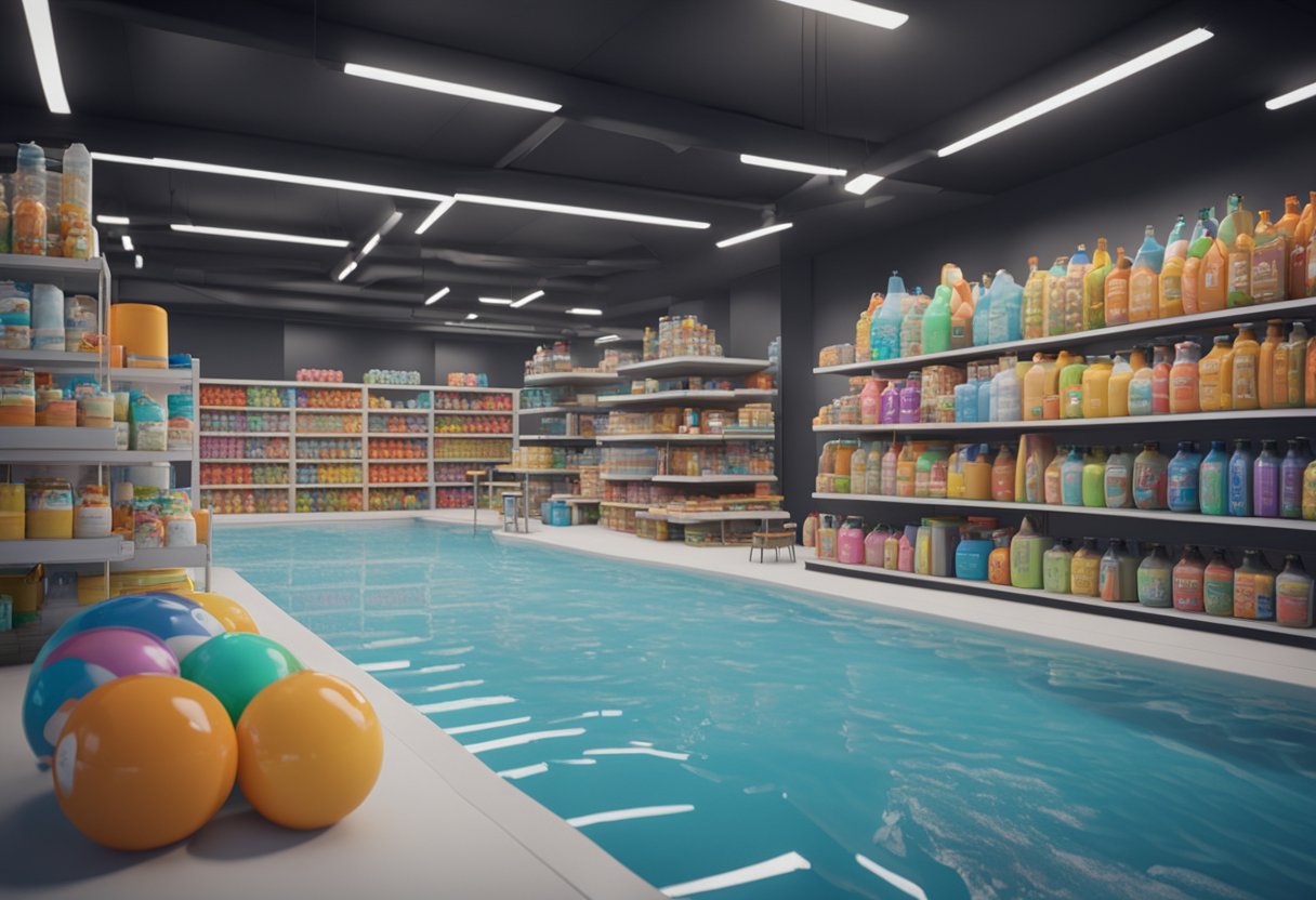 A well-stocked pool supply store with shelves of chemicals, equipment, and accessories. A display of pool toys and floats near the entrance
