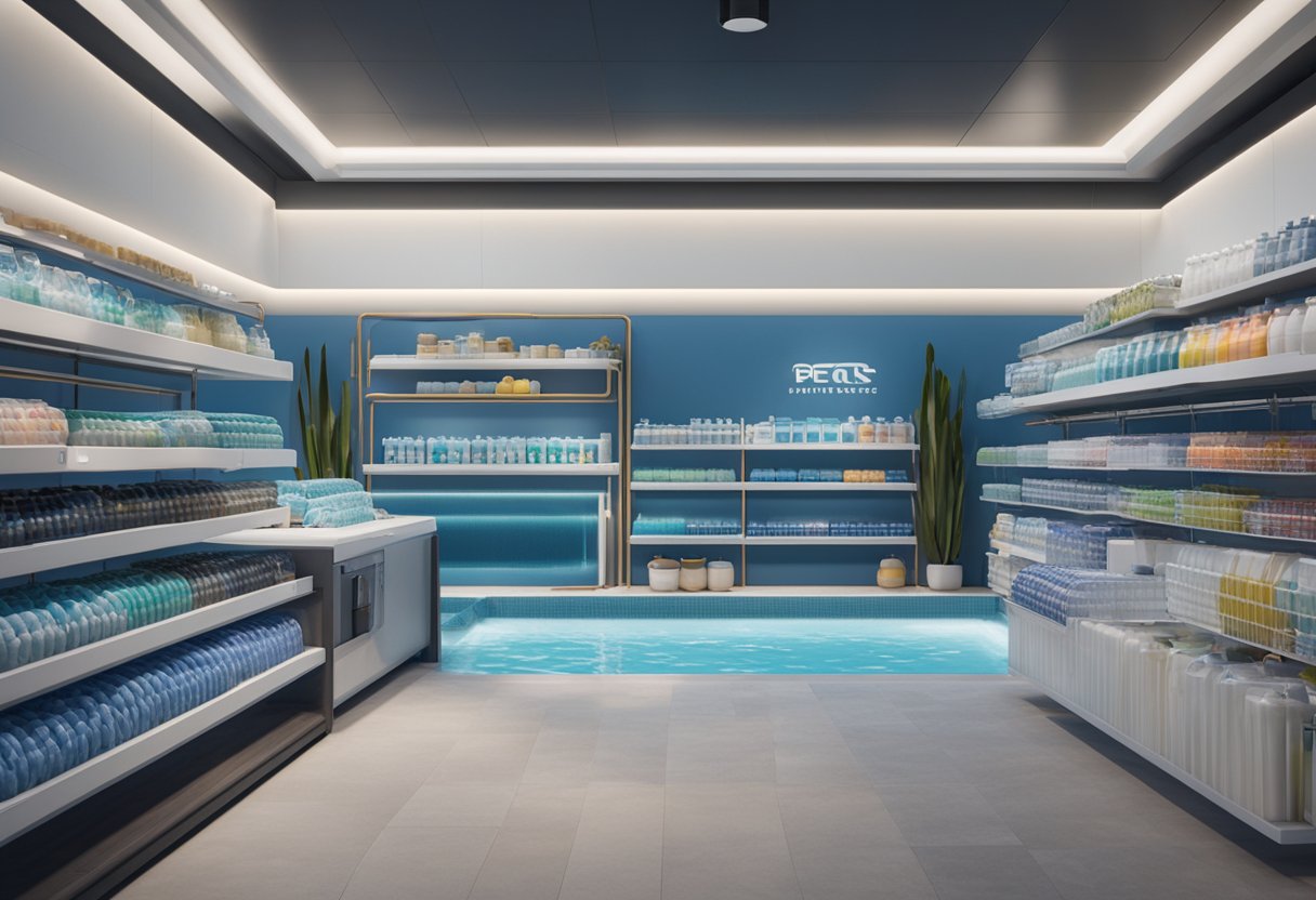 The pool store is filled with advanced pool equipment, including pumps, filters, and cleaning supplies. The shelves are neatly organized, and a display showcases the latest pool technology