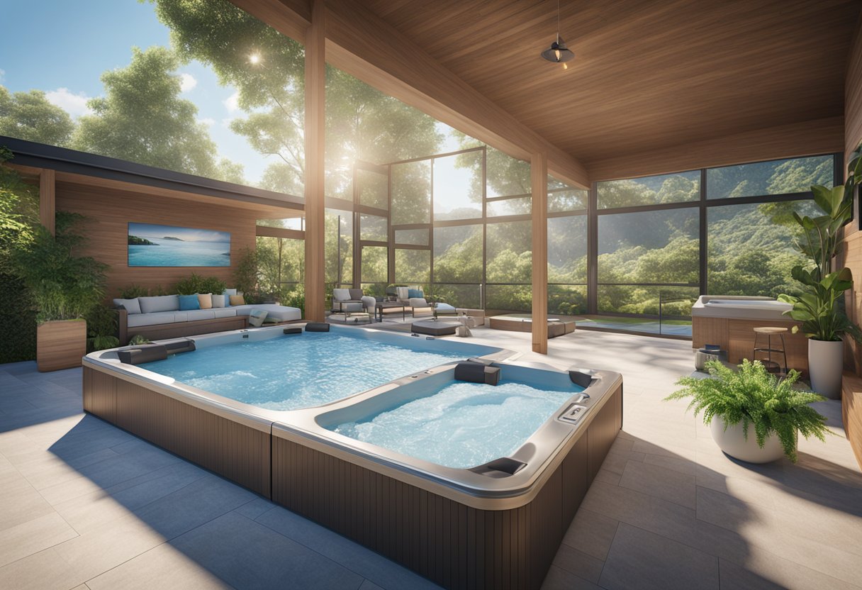 A sunny day at Hot Tub Solutions Pool store, with a clear blue sky and lush greenery surrounding the outdoor display of various hot tub models