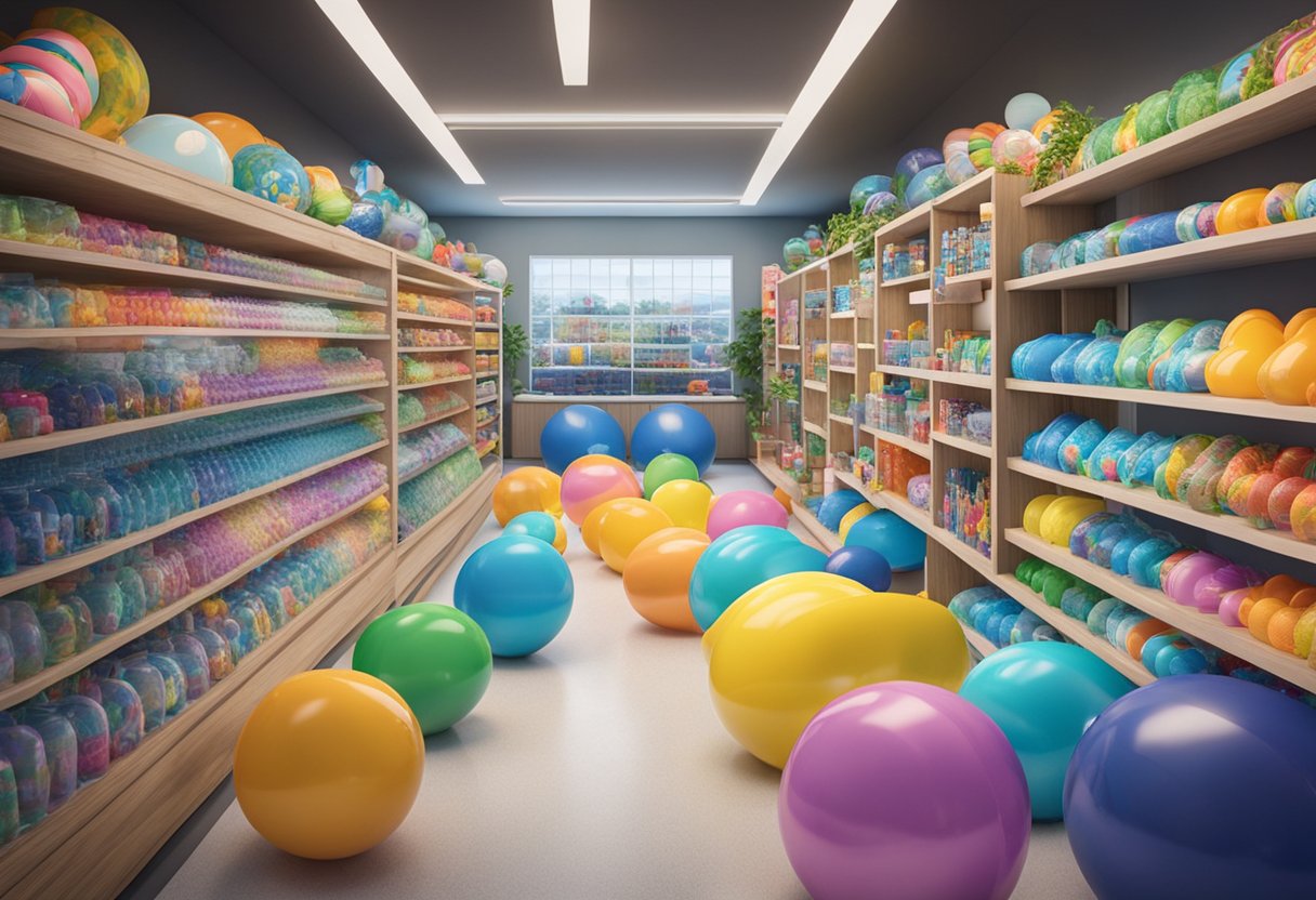 Customers browse pool supplies, while staff assist and answer questions. Brightly colored pool floats and equipment line the shelves. A cheerful, welcoming atmosphere