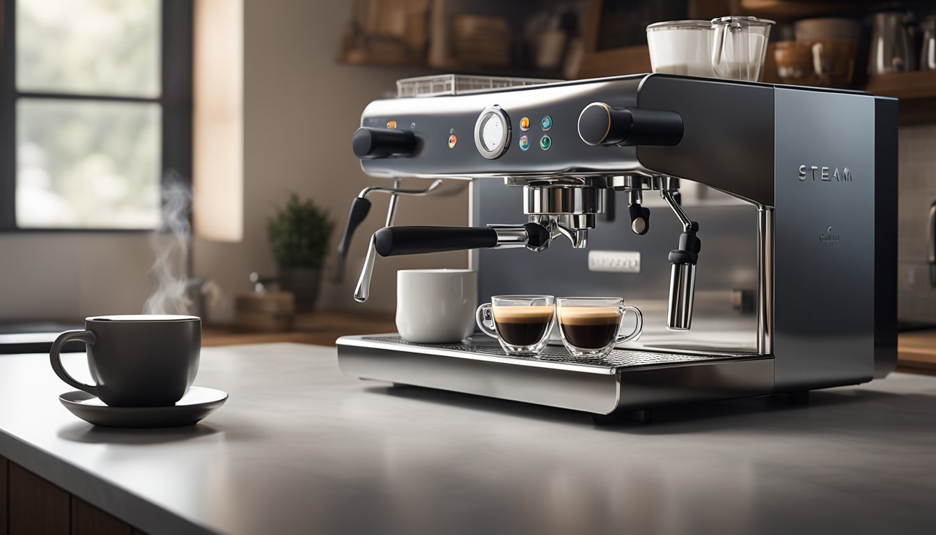 A steam wand froths milk as espresso drips into a demitasse cup, next to a Gaggia Classic Pro espresso machine on a clean countertop