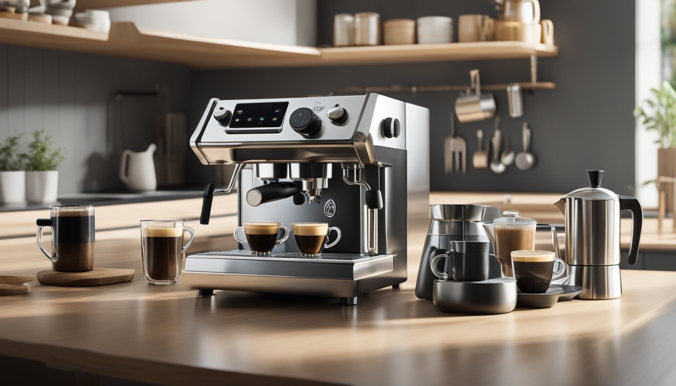 An array of espresso makers displayed on a kitchen counter, with various sizes and styles to choose from