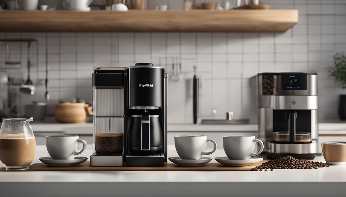 Three espresso coffee makers lined up on a clean, modern kitchen counter. Each machine is surrounded by a few coffee cups and a bag of freshly ground coffee beans